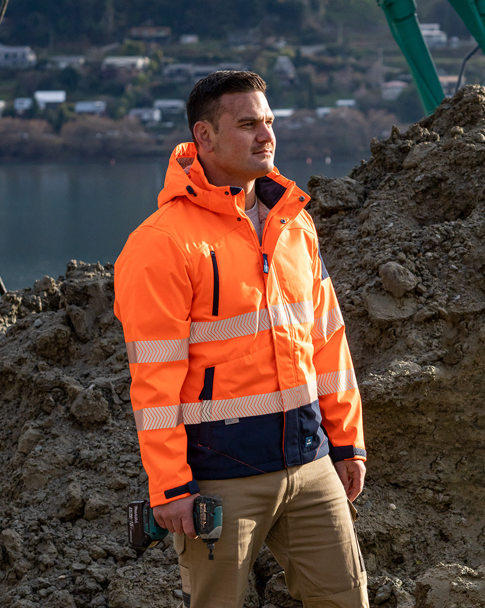 Jones Hi-Vis Softshell Coat in Fluoro Orange & Navy