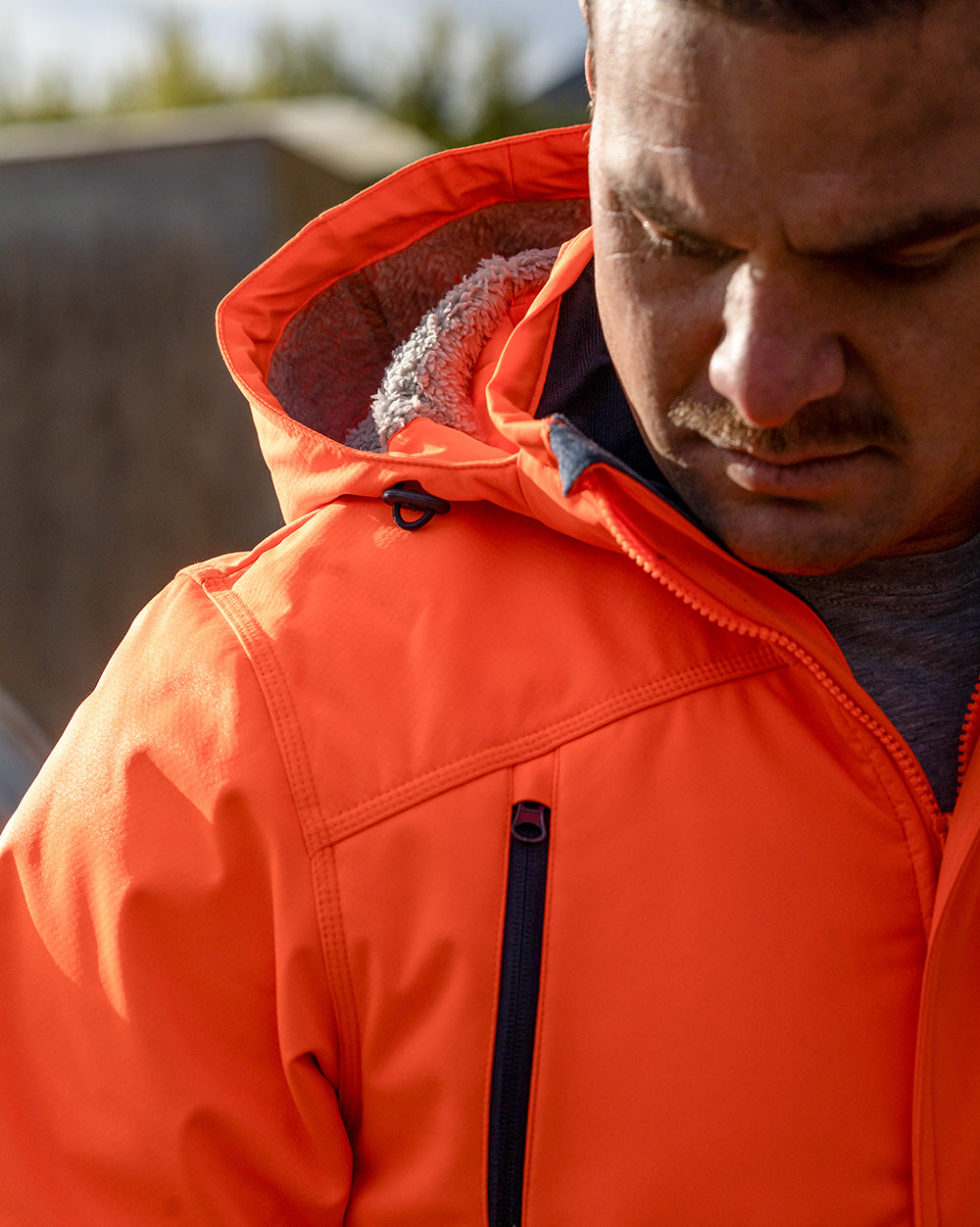 Jones Hi-Vis Softshell Coat in Fluoro Orange & Navy