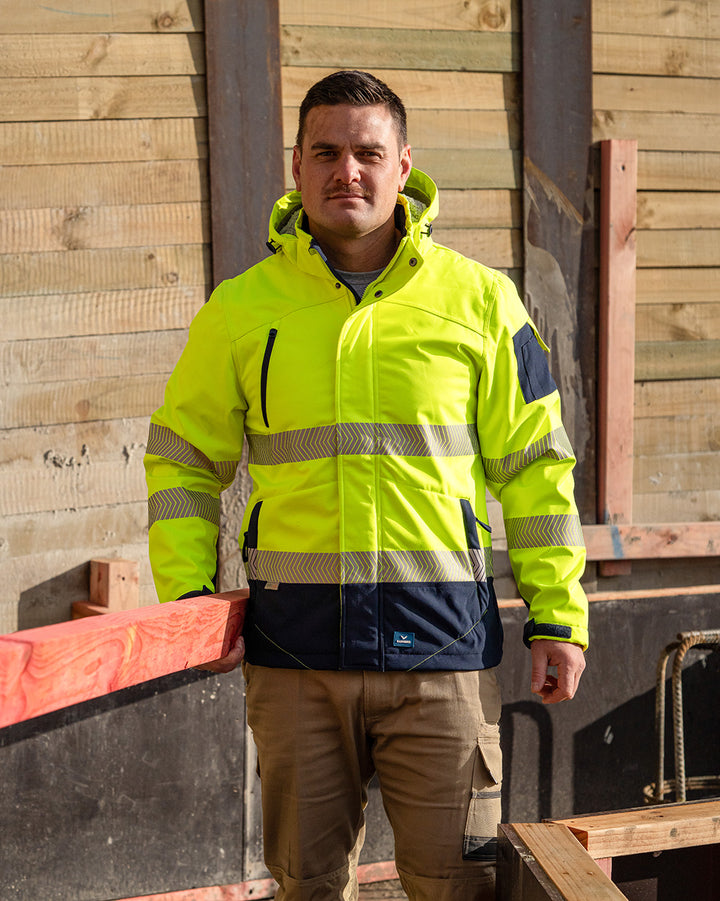 Jones Hi-Vis Softshell Coat in Fluoro Yellow & Navy