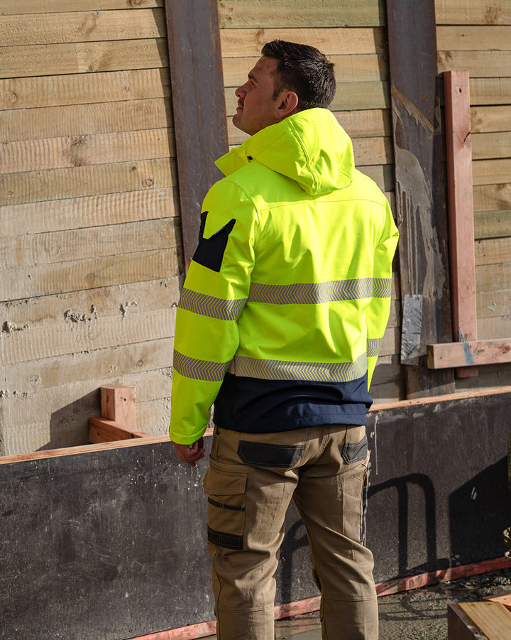 Jones Hi-Vis Softshell Coat in Fluoro Yellow & Navy